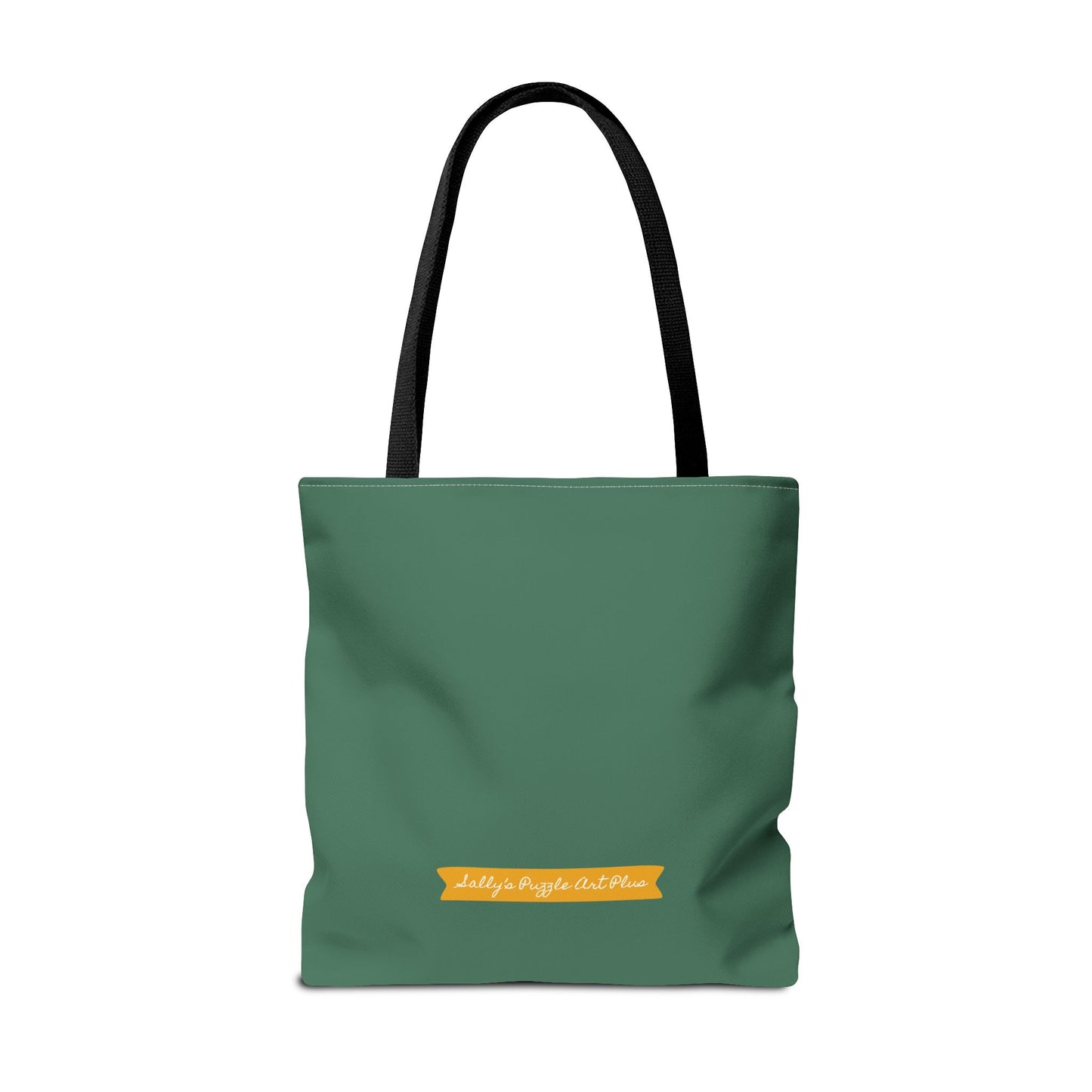 If The Shoe Fits Tote bag with whimsical high heel shoe illustration in colorful pattern on a green background. Back flat.