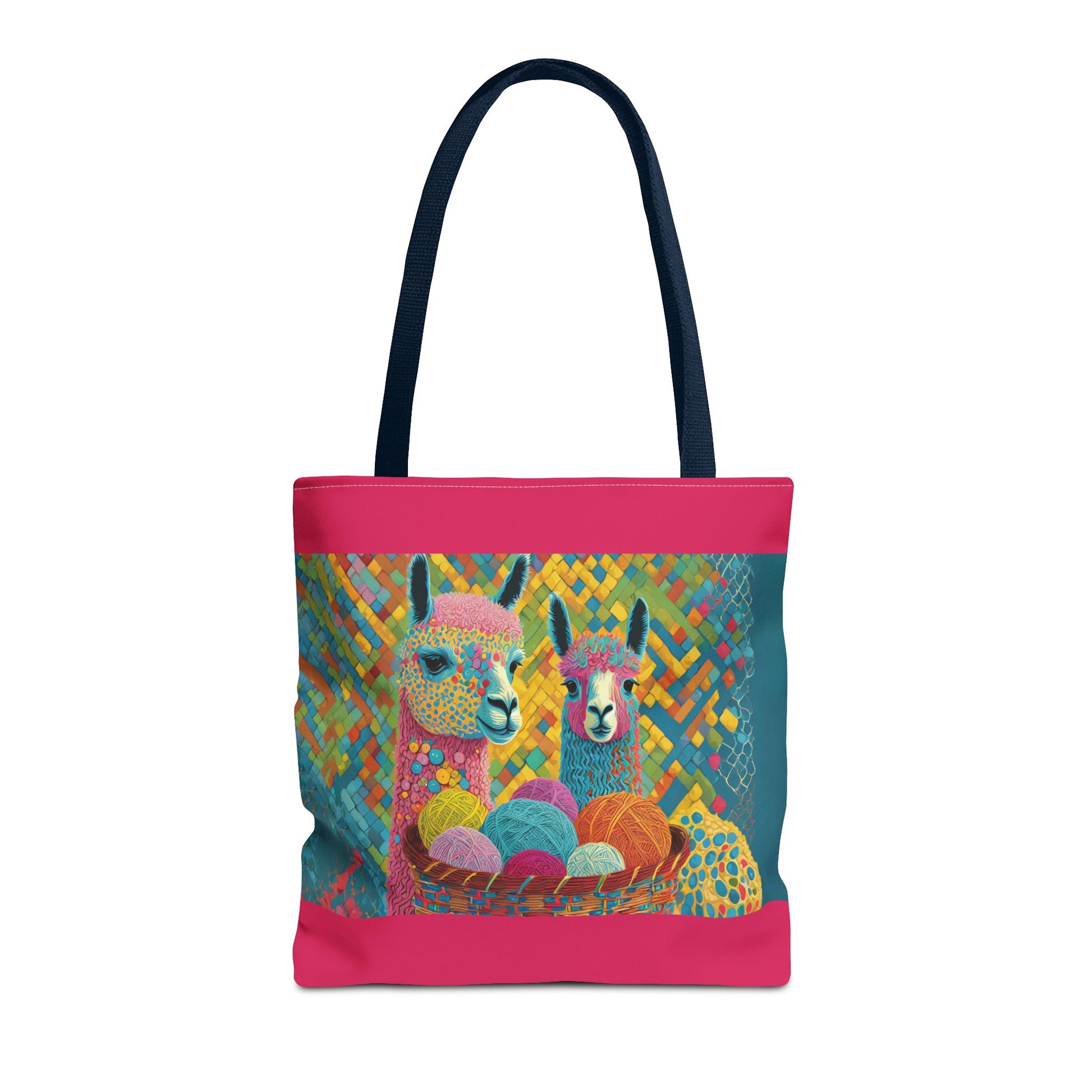 Bright rose tote bag with elegant, whimsical image of two animals and a basket of wool. Colorful mosaic background. Front.  Three sizes.