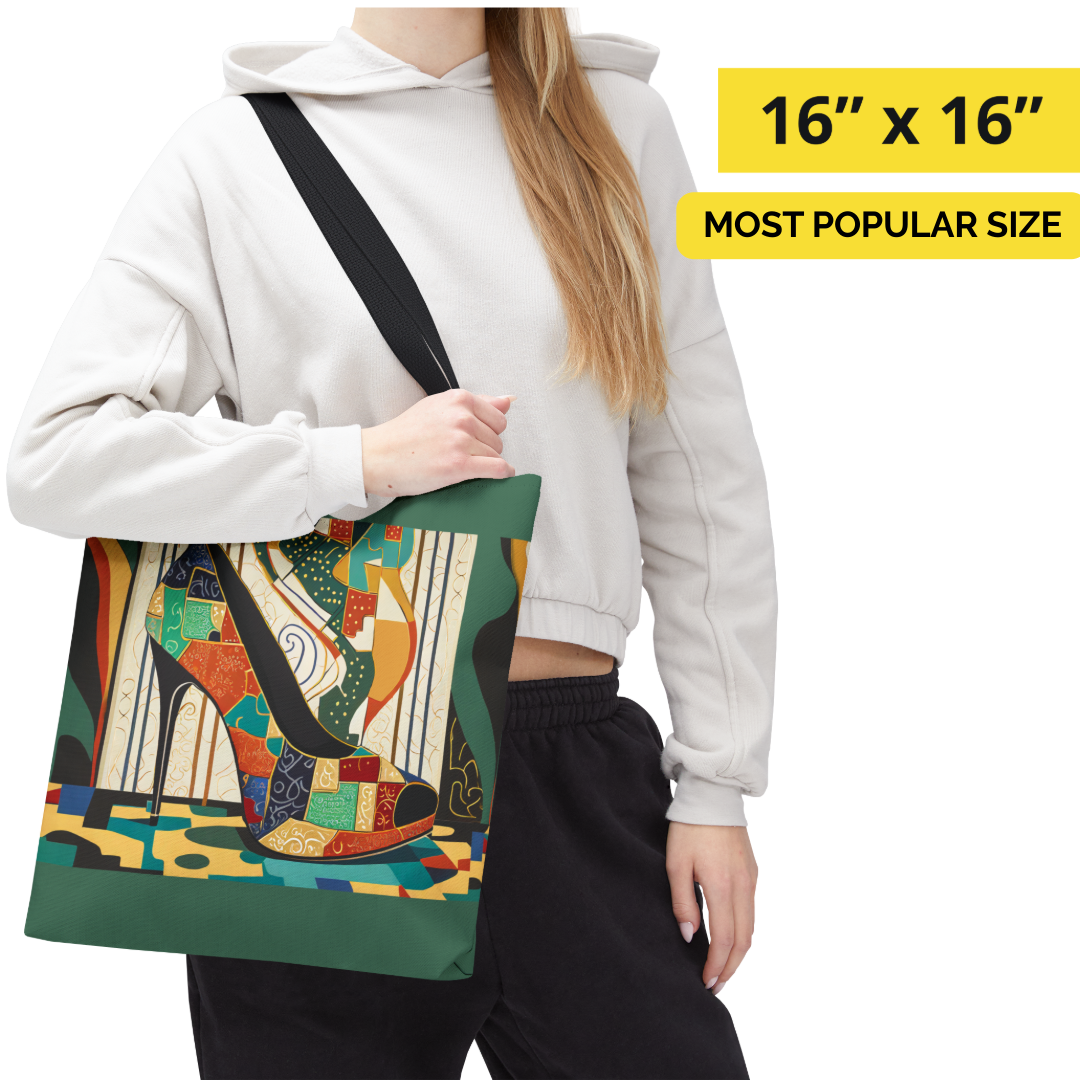 If The Shoe Fits Tote bag with whimsical high heel shoe illustration in colorful pattern on a green background. Model view.