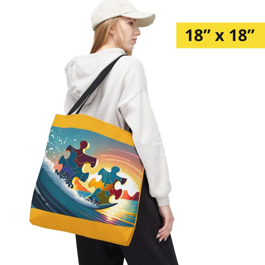 Puzzle-Piece Pals Catching a Wave Tote Bag