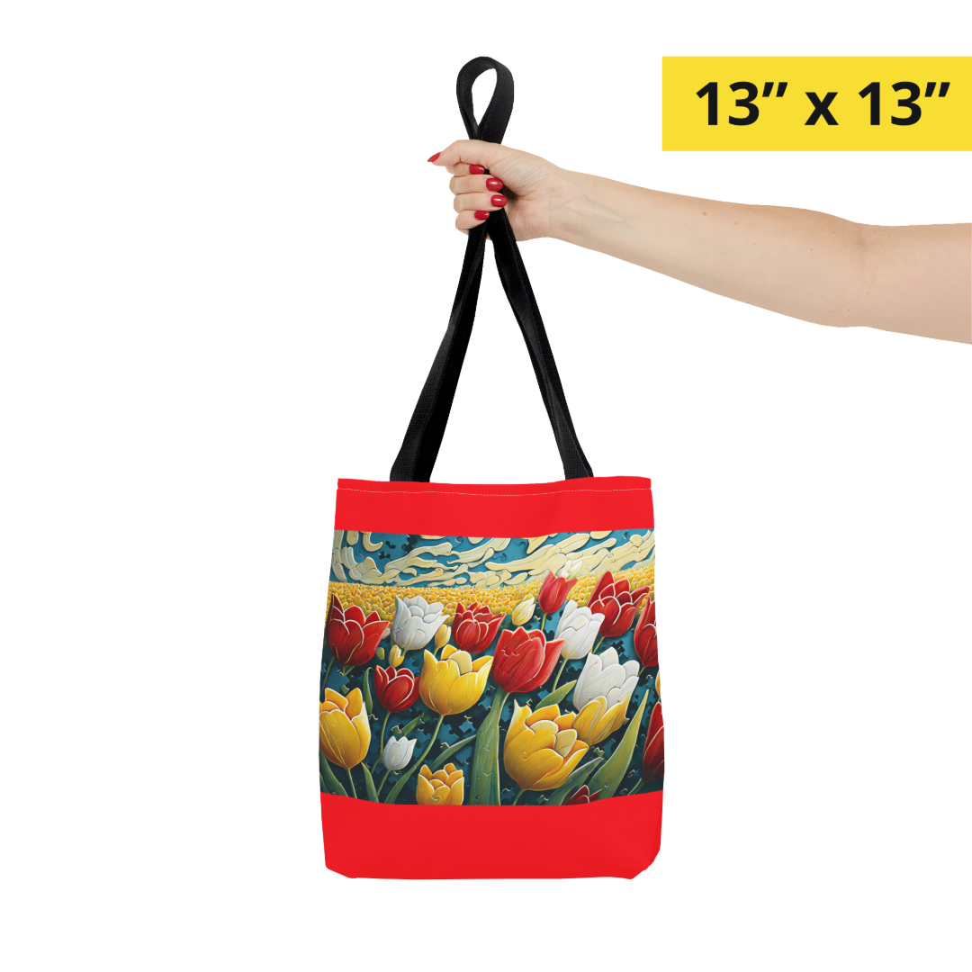Tulip Tote Bag -- Red Background & Yellow Signature Banner