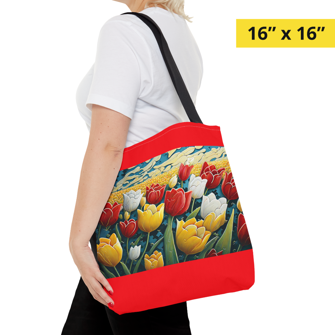 Tulip Tote Bag -- Red Background & Yellow Signature Banner