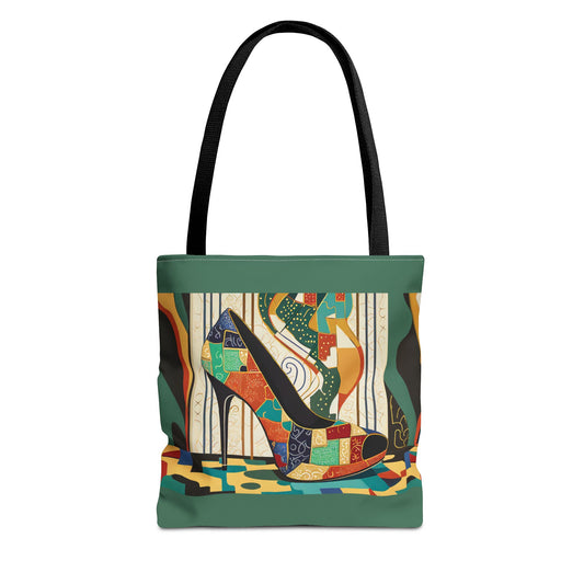 Whimsical shoe illustration tote bag featuring a patchwork puzzle-piece high heel with Art Deco styling on a green background.