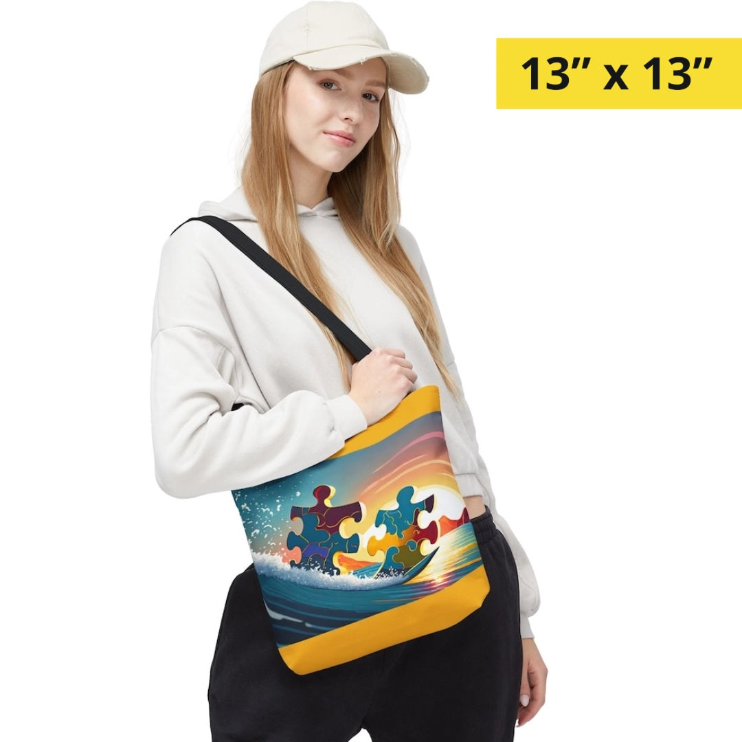 Puzzle-Piece Pals Catching a Wave Tote Bag