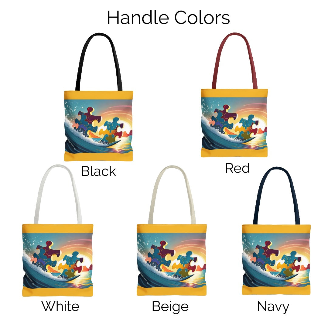 Puzzle-Piece Pals Catching a Wave Tote Bag
