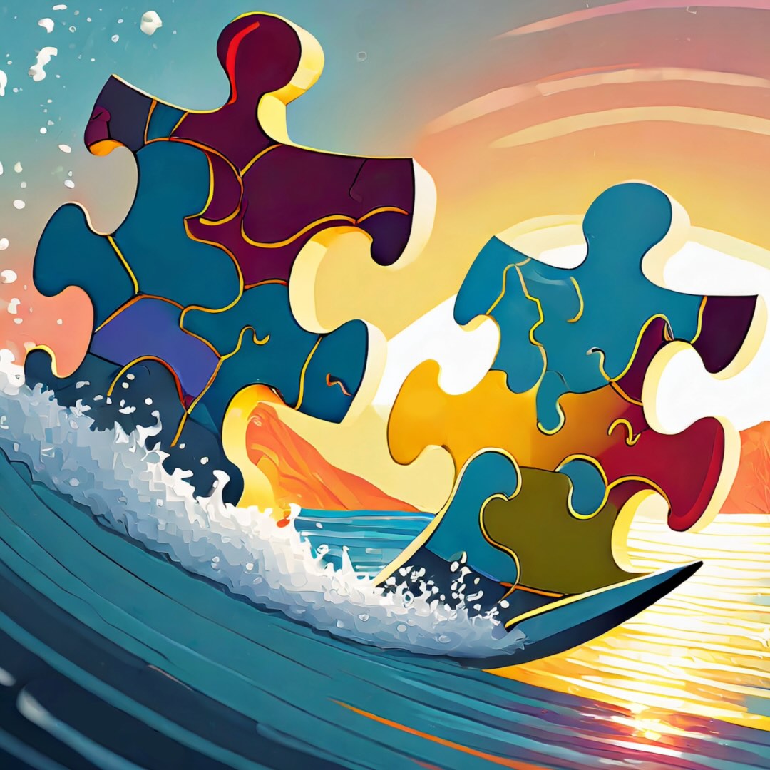 Puzzle-Piece Pals Catching a Wave Tote Bag