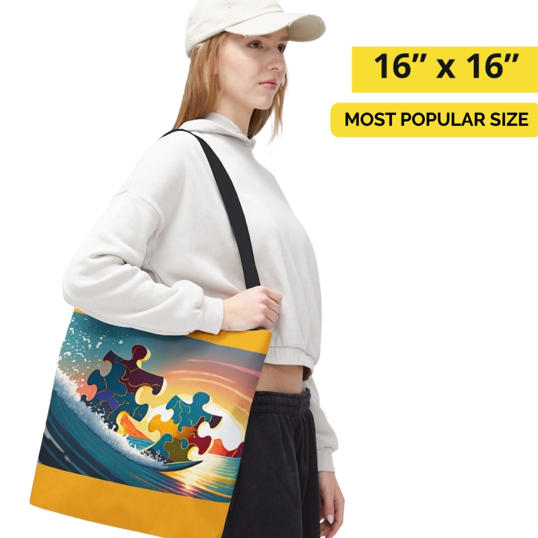 Puzzle-Piece Pals Catching a Wave Tote Bag