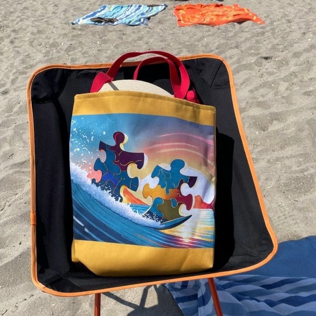 Puzzle-Piece Pals Catching a Wave Tote Bag